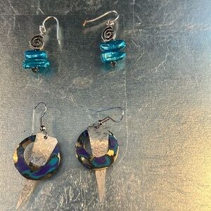 Artisan earrings - top pair are real painted blue pearls